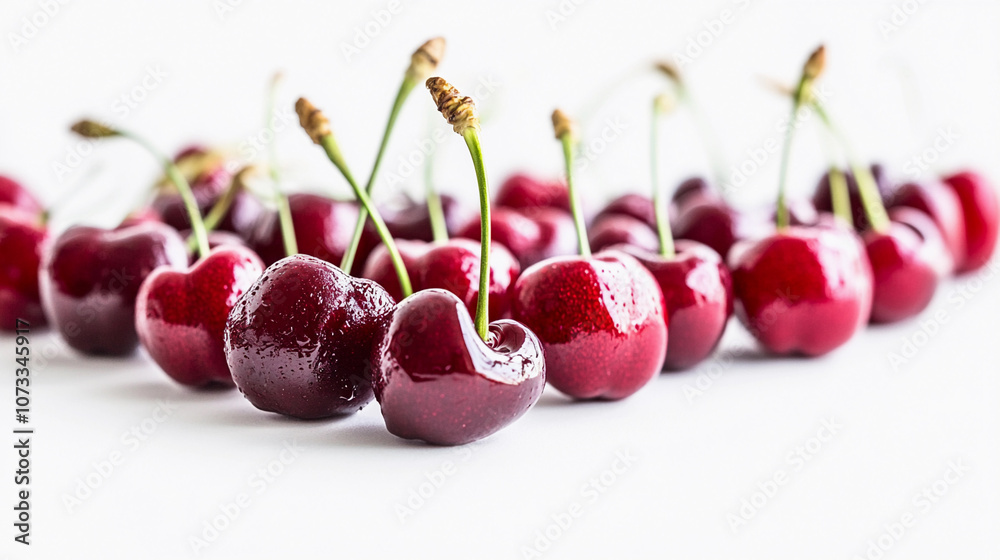Fresh red cherries lined up on a white background Fresh red cherries lined up on a white background