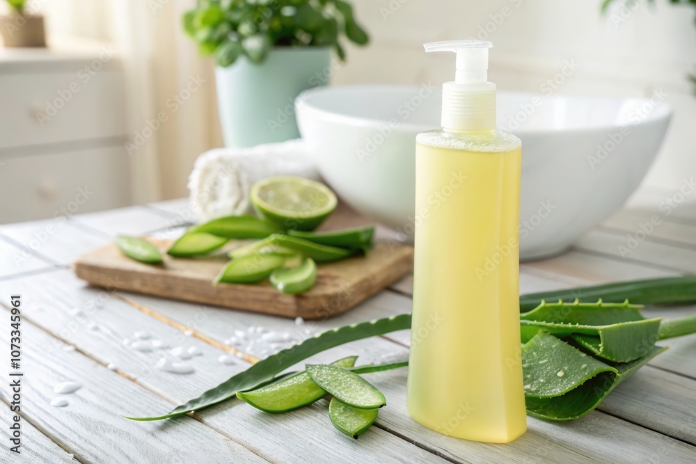 A bright bathroom features a bottle of yellow aloe vera gel next to fresh aloe leaves and lime. The serene space showcases natural elements, making it perfect for a refreshing skincare routine. A bright bathroom features a bottle of yellow aloe vera gel next to fresh aloe leaves and lime. The serene space showcases natural elements, making it perfect for a refreshing skincare routine.