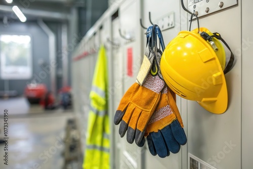 Wallpaper Mural Safety gear including a hard hat and gloves is neatly hanging in a designated locker area within an industrial facility, emphasizing workplace safety and organization during operational hours. Torontodigital.ca