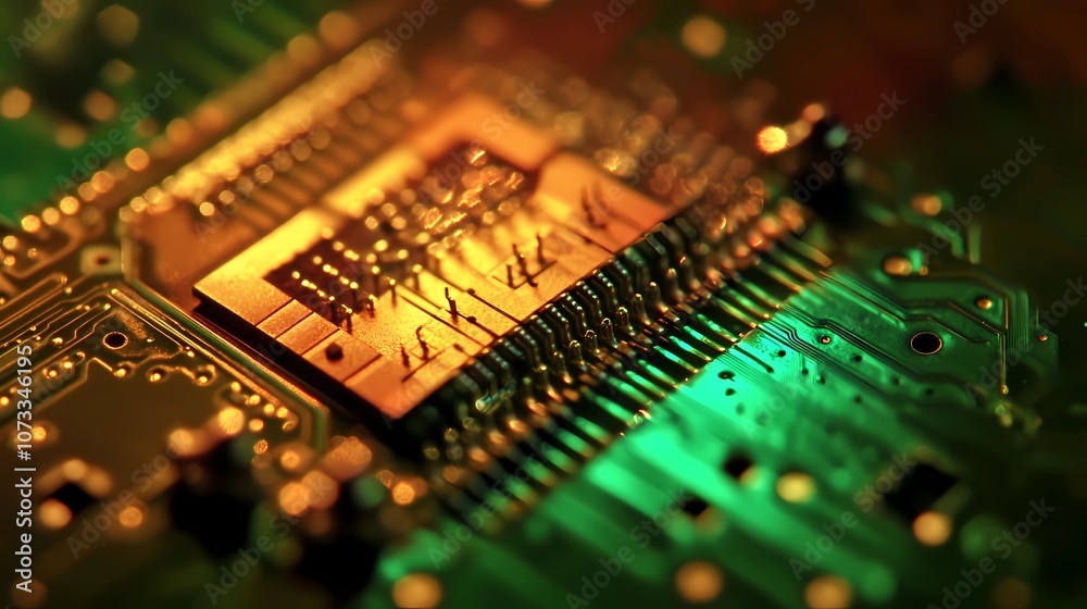 Obraz premium Dynamic texture of microchip circuits, highlighted by a metallic sheen, offering a high-tech, futuristic backdrop for multiple uses