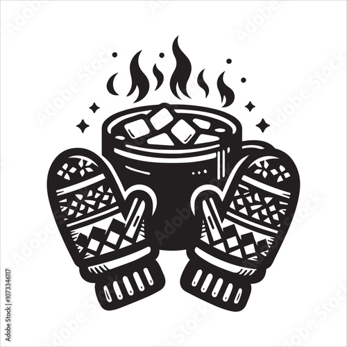 Warm up with this cozy mug of hot cocoa and mittens. A steaming mug of hot chocolate with marshmallows, embraced by a pair of cozy patterned mittens.