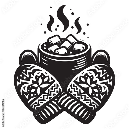 Warm up with this cozy mug of hot cocoa and mittens. A steaming mug of hot chocolate with marshmallows, embraced by a pair of cozy patterned mittens.