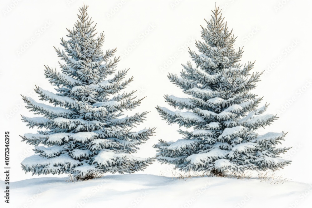 Pair of frost dusted trees standing on a snowy hill representing the quiet beauty of winter with serene elegance in a minimalist landscape Pair of frost dusted trees standing on a snowy hill representing the quiet beauty of winter with serene elegance in a minimalist landscape