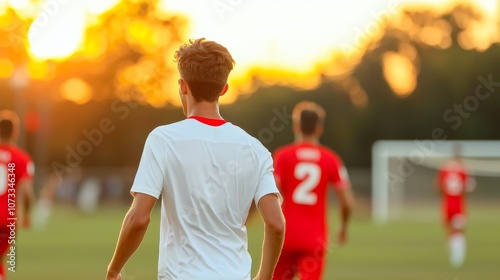 A young soccer player walks onto the field as the sun sets, highlighting the competitive spirit of the game. photo