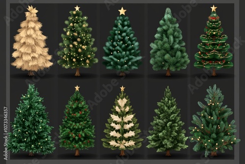 Array of assorted Christmas trees in various sizes and styles offering a range of decorative choices for a diverse holiday display photo