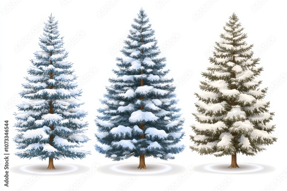 Obraz premium Trio of snow covered Christmas trees on a white background representing serene winter beauty and peaceful holiday spirit in a minimalist setting