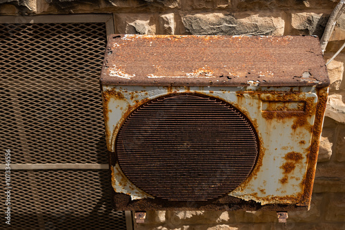 Rusty Air Conditioning Unit on Stone Wall photo