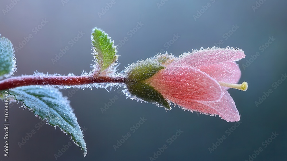 Delicate Pink Flower Bud Covered in Frosty Crystals Against a Soft Blue Background Capturing the Beauty of Nature's Winter Wonder Delicate Pink Flower Bud Covered in Frosty Crystals Against a Soft Blue Background Capturing the Beauty of Nature's Winter Wonder