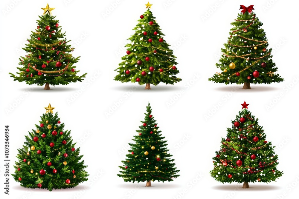 Collection of mini Christmas trees in traditional green with ornaments arranged together to create a festive holiday display with charm and simplicity Collection of mini Christmas trees in traditional green with ornaments arranged together to create a festive holiday display with charm and simplicity