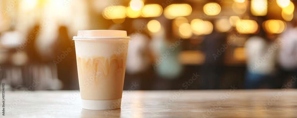 A close-up of a coffee cup on a wooden table in a vibrant cafe, showcasing a creamy beverage and a warm atmosphere. A close-up of a coffee cup on a wooden table in a vibrant cafe, showcasing a creamy beverage and a warm atmosphere.