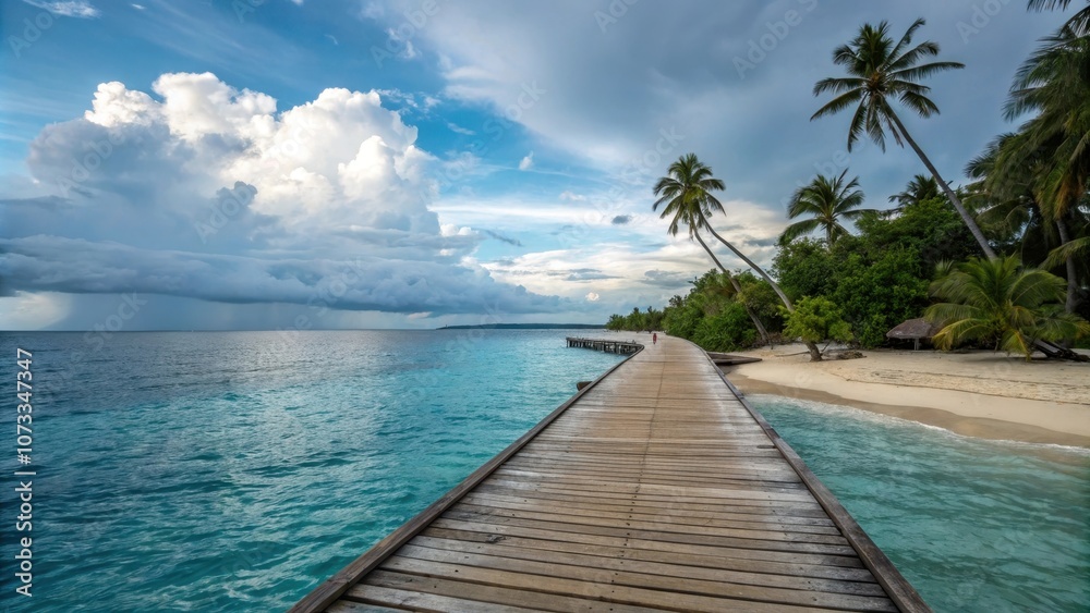 A wooden walkway leading towards a tropical island with turquoise water, palm trees, and a stormy sky in the background. A wooden walkway leading towards a tropical island with turquoise water, palm trees, and a stormy sky in the background.
