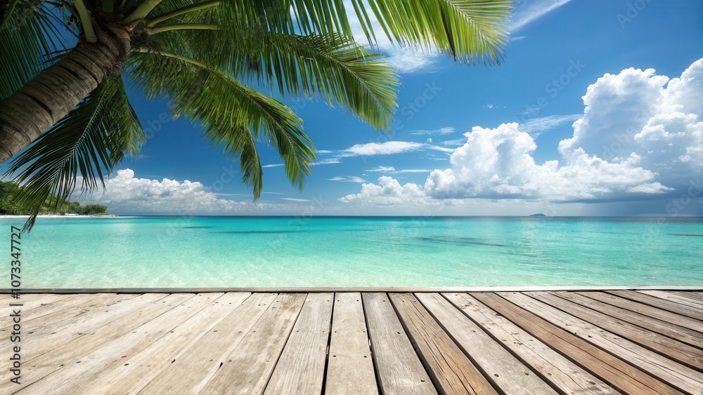 Tropical Paradise A Wooden Deck Overlooking a Turquoise Ocean and Palm Trees Under a Cloudy Sky Tropical Paradise A Wooden Deck Overlooking a Turquoise Ocean and Palm Trees Under a Cloudy Sky