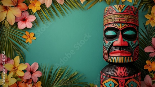 A striking tiki figure surrounded by vibrant flowers and tropical leaves, evoking a sense of island culture and relaxation.