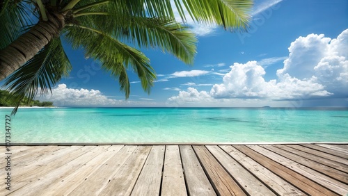 Tropical Paradise A Wooden Deck Overlooking a Turquoise Ocean and Palm Trees Under a Cloudy Sky