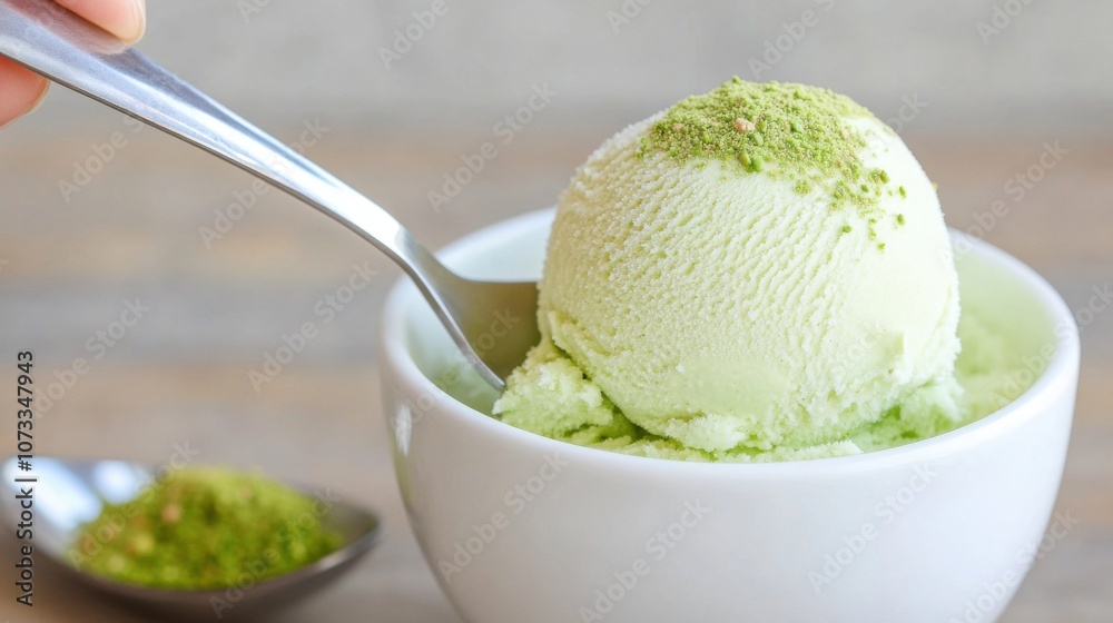 A scoop of green tea ice cream in a bowl, garnished with matcha powder, with a spoon ready to serve. A scoop of green tea ice cream in a bowl, garnished with matcha powder, with a spoon ready to serve.