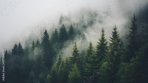 Misty forest landscape at dawn with tall pine trees and dense fog enveloping the serene wilderness