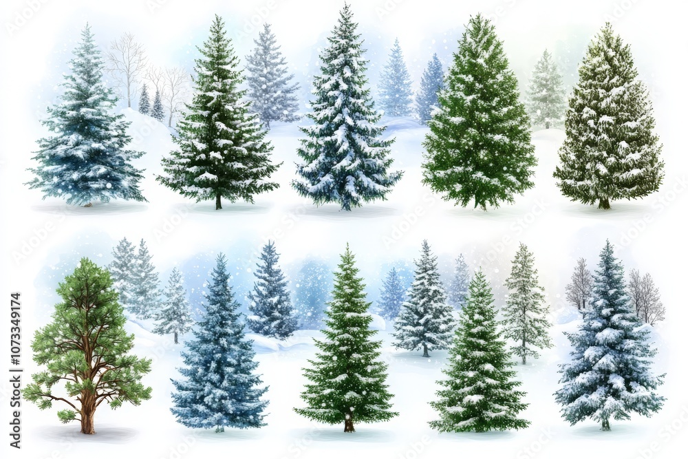 Fototapeta premium Variety of Christmas trees with snow dusted branches arranged in a festive scene evoking winter charm and holiday warmth in a layered outdoor setting