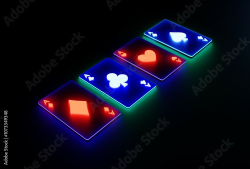 Glowing casino cards game on dark black background - 3d render. Flying cards for online casinos and mobile gambling applications, poker - winner, wealth concept