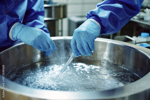 Lab technician dissolving medication in stainless steel tank using advanced equipment in a chemical research facility