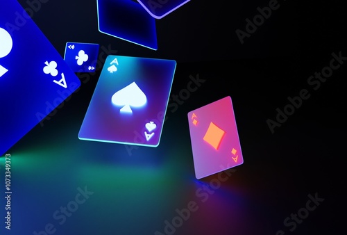 Glowing casino cards game on dark black background - 3d render. Flying cards for online casinos and mobile gambling applications, poker - winner, wealth concept