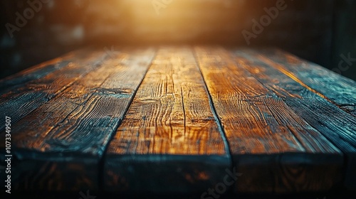 A close-up of a wooden table surface illuminated by warm light.