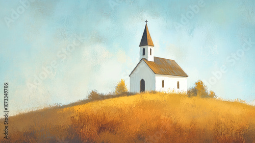 A small white church with a steeple sits on a hill under a light blue sky during an autumn sunset in a warm, vintage style