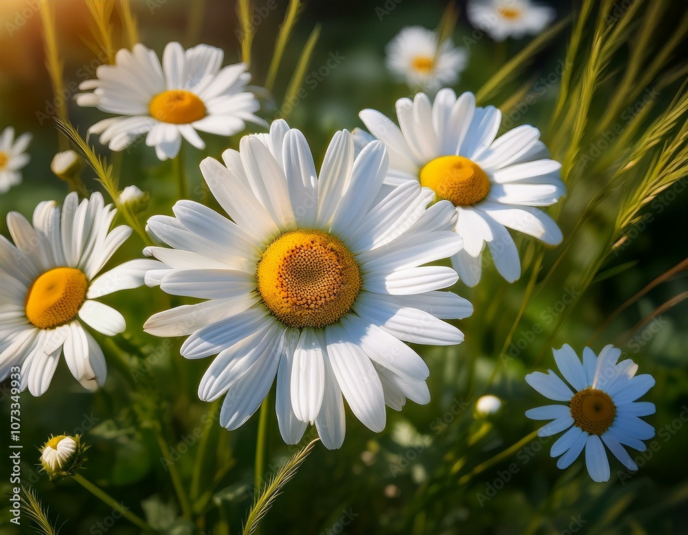 Fototapeta premium Daisies in a natural setting, capturing the beauty of white petals and yellow centers