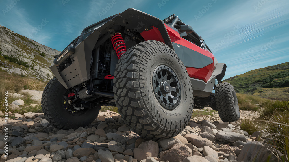 Off-road vehicle navigating rocky terrain under a clear blue sky on a sunny day in the countryside Off-road vehicle navigating rocky terrain under a clear blue sky on a sunny day in the countryside
