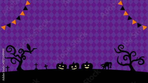 黒シルエットとチェック模様のハロウィンバナー背景_フルHDサイズ_16.9