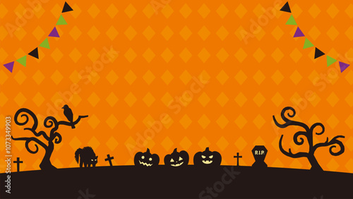 黒シルエットとチェック模様のハロウィンバナー背景_フルHDサイズ_16.9