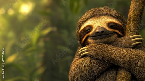 A cute sloth clinging to a tree, showcasing the warmth and charm of wildlife in a lush green environment.