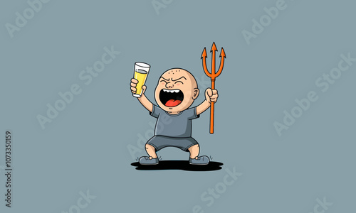 Bald man holding trident and drink, yelling expression.