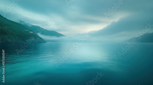 A calm blue ocean with a foggy sky in the background