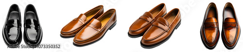 Stylish loafer set featuring black and brown designs for men isolated on transparent background