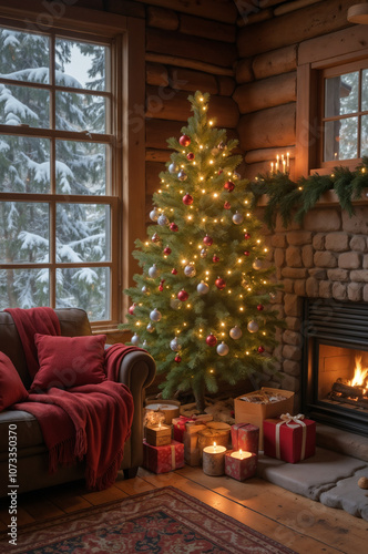 Cozy Winter Cabin Living Room Decorated for Christmas with Tree, Presents, and Fireplace