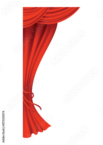Red curtains realistic. Theater fabric silk decoration for movie cinema or opera hall. Curtains and draperies interior decoration object. Isolated on transparent for theater stage