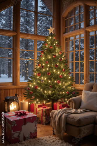 Cozy Christmas Scene with Decorated Tree and Presents by a Fireplace