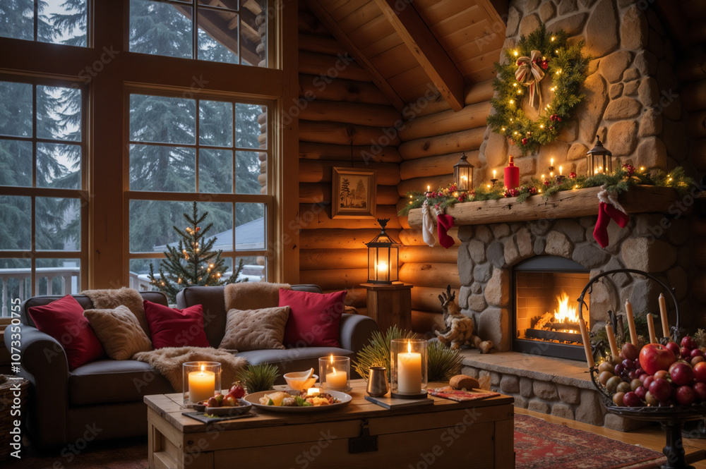 Cozy Rustic Living Room Decorated for Christmas with Stone Fireplace and Festive Atmosphere Cozy Rustic Living Room Decorated for Christmas with Stone Fireplace and Festive Atmosphere