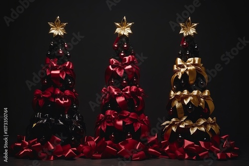 Trio of artificial Christmas trees wrapped in red and gold ribbons set against a black background bringing holiday elegance with a bold modern touch photo