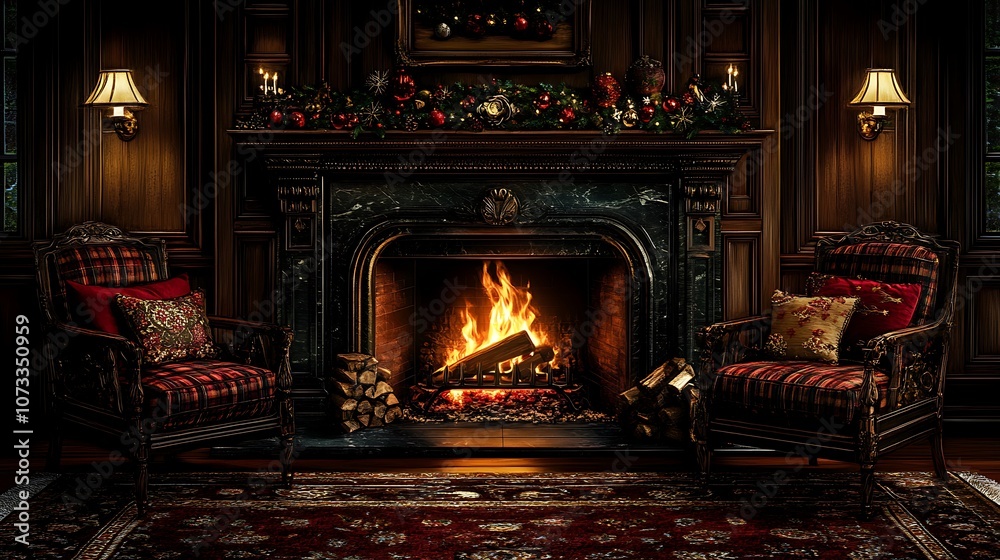 Cozy fireplace scene with festive decorations and comfortable seating. Cozy fireplace scene with festive decorations and comfortable seating.