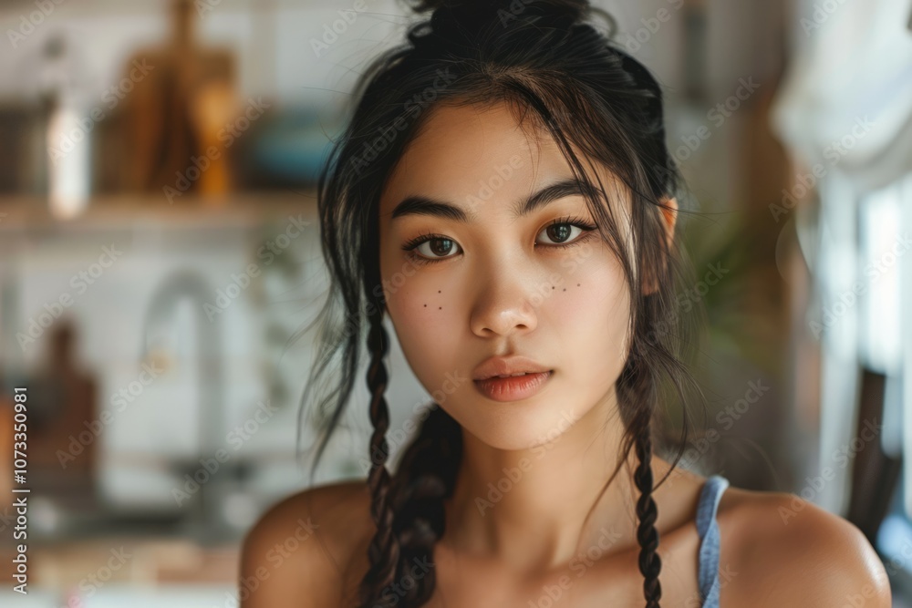 Asian middle aged braided woman portrait at the kitchen. Neural network ai generated art Asian middle aged braided woman portrait at the kitchen. Neural network ai generated art