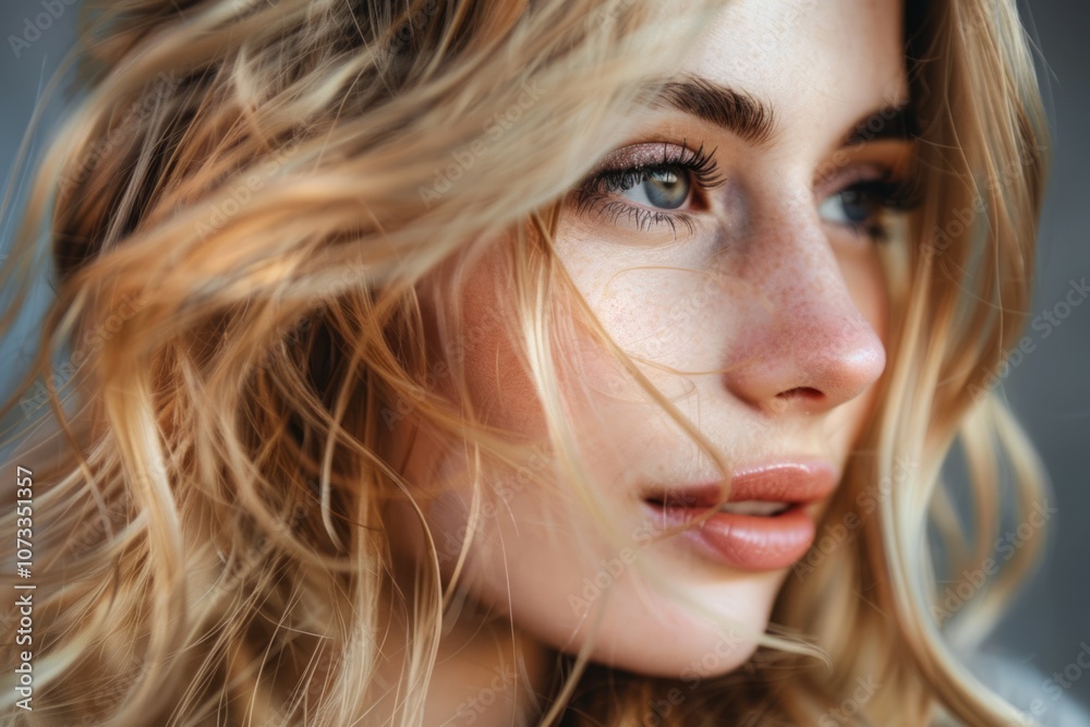 Beautiful model girl with blonde curly hairstyle dye. Neural network ai generated art Beautiful model girl with blonde curly hairstyle dye. Neural network ai generated art