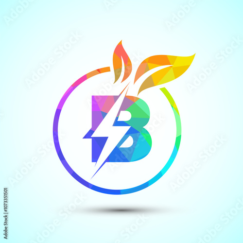 English alphabet B with thunderbolt and leaf. Eco energy saver icon, Nature power electric logo