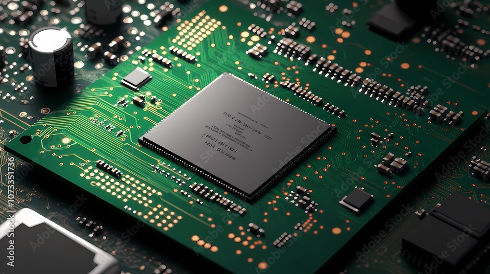 Obraz premium Abstract tech-themed background with microchip textures and connecting circuits, ideal for software presentations, web design, or promotional materials