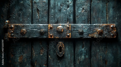 A close-up of an old, weathered door with a heavy metal latch and keyhole.