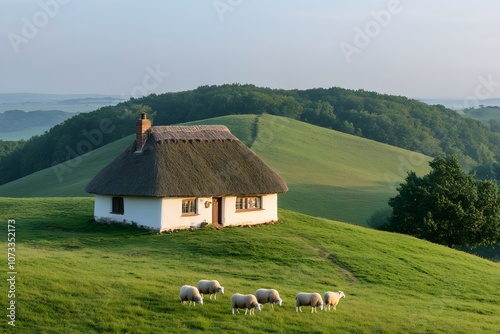 Fairytale thatched roof house on a slightly hilly hill – Capturing a whimsical, picturesque scene with charming architecture set against a peaceful natural backdrop