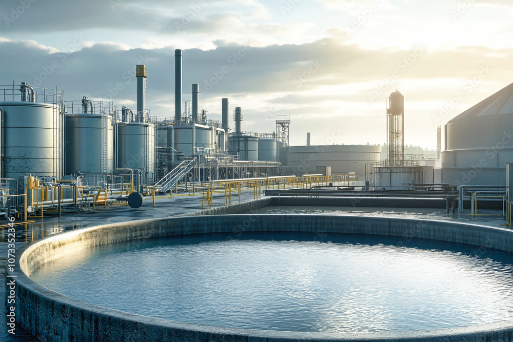 Obraz premium Clean water treatment facility featuring industrial structures and environmental protection equipment in a natural setting at sunrise