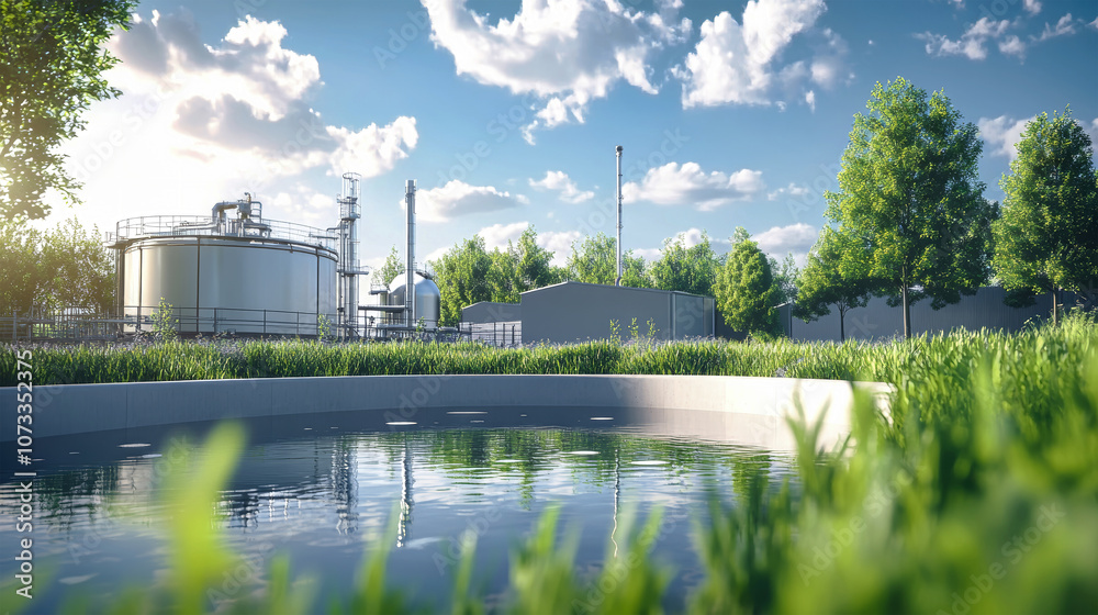 Modern water treatment plant with sleek tanks and lush greenery under a bright blue sky in a vivid industrial landscape Modern water treatment plant with sleek tanks and lush greenery under a bright blue sky in a vivid industrial landscape