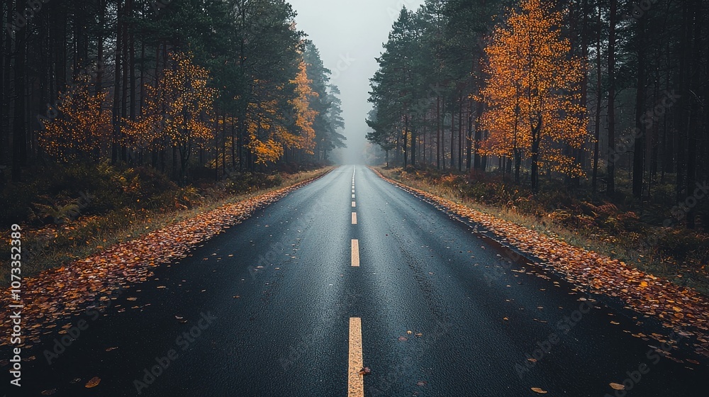 Fototapeta premium A tranquil autumn road surrounded by misty forests with vibrant foliage on a calm day