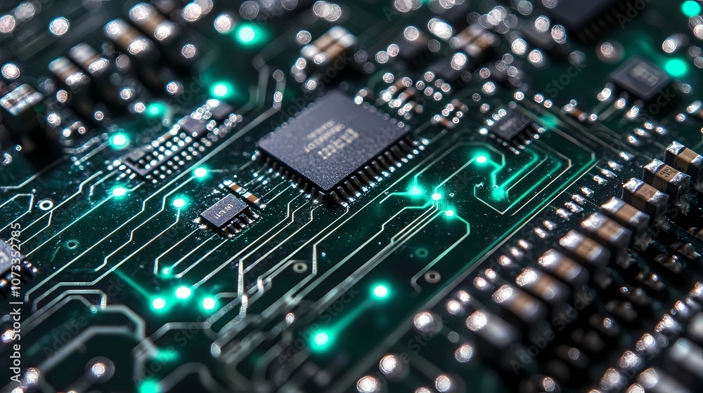 Complex pattern of electronic microchips with highlighted pathways, suitable for backgrounds related to AI, computing, and digital innovation Complex pattern of electronic microchips with highlighted pathways, suitable for backgrounds related to AI, computing, and digital innovation